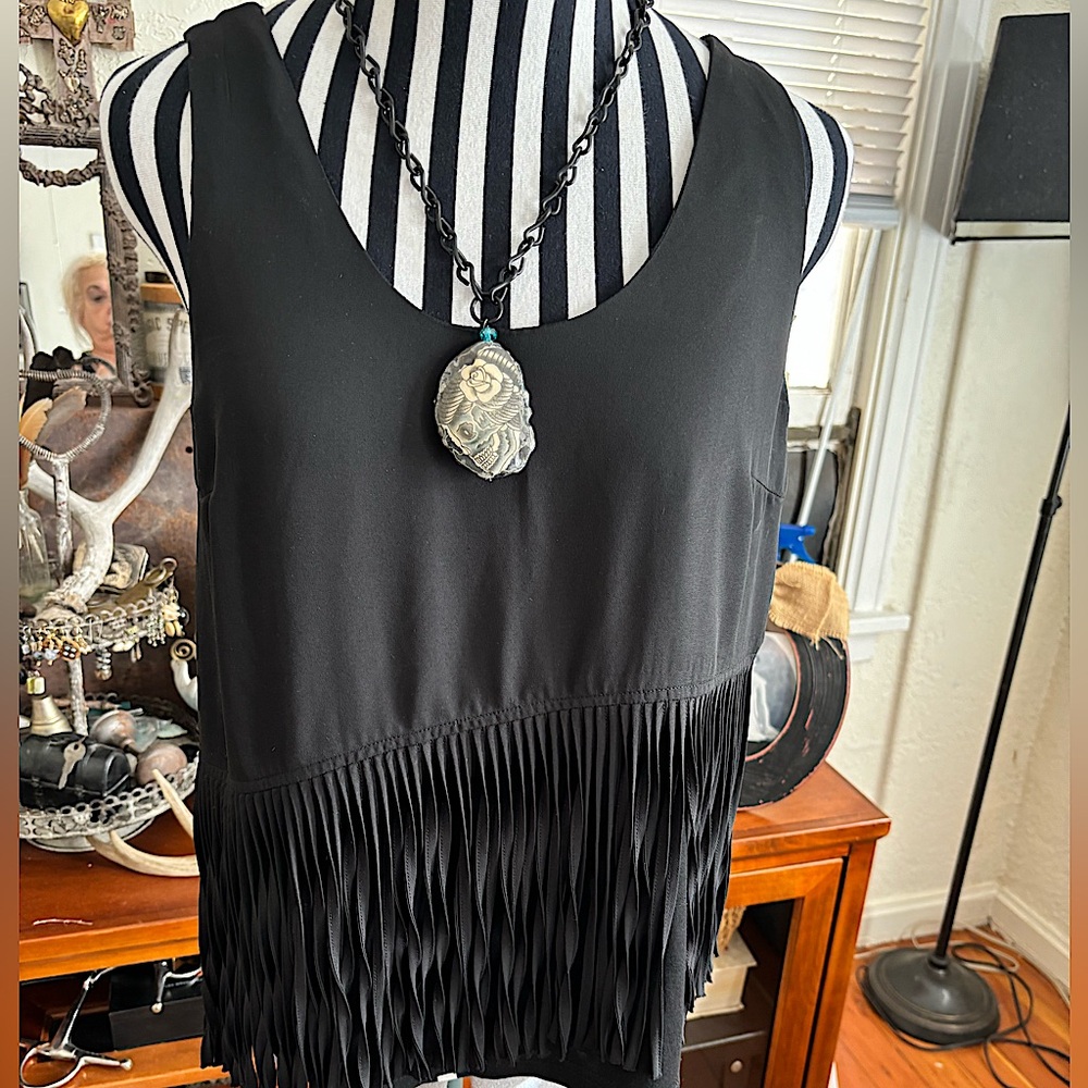 Evening Fringed Black Shell Blouse Woman’s Size Medium Boho Cowgirl Fun